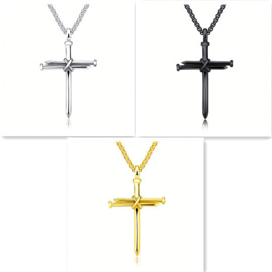 Men's Stainless Steel 3 Nail Jesus Cross Christian Faith Religious Pendant Necklace in Gold, Silver, or Black