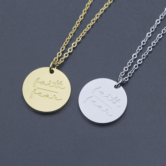 Stainless Steel Faith Over Fear Disc Pendant Necklace