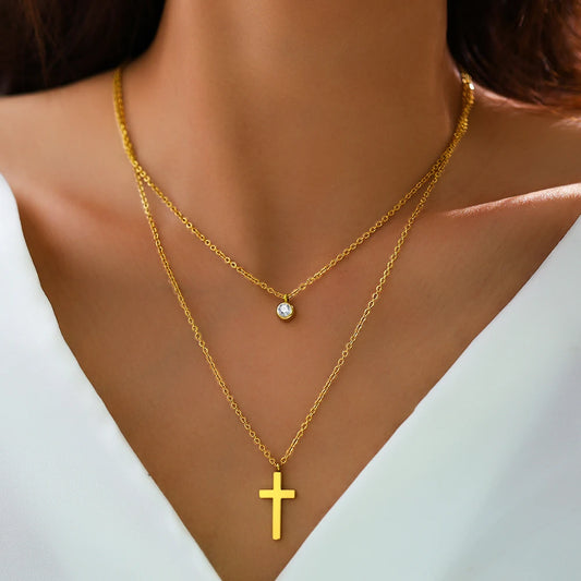 Simple Classical Stainless Steel Cross Prayer Pendant Necklace with Cubic Zirconia Charm