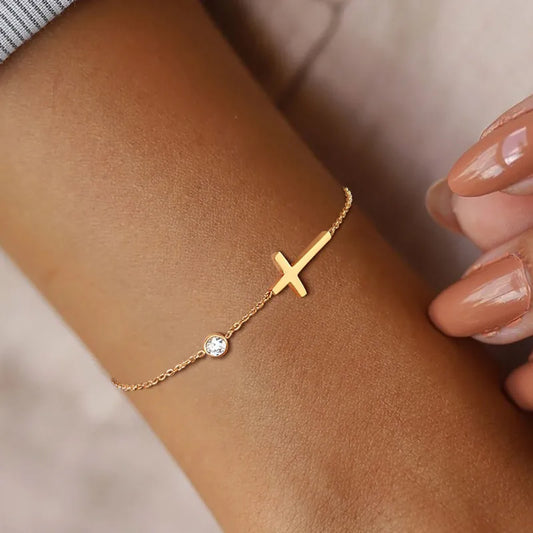 Simple Classical Cross Bracelet with Shiny Cubic Zirconia Charm