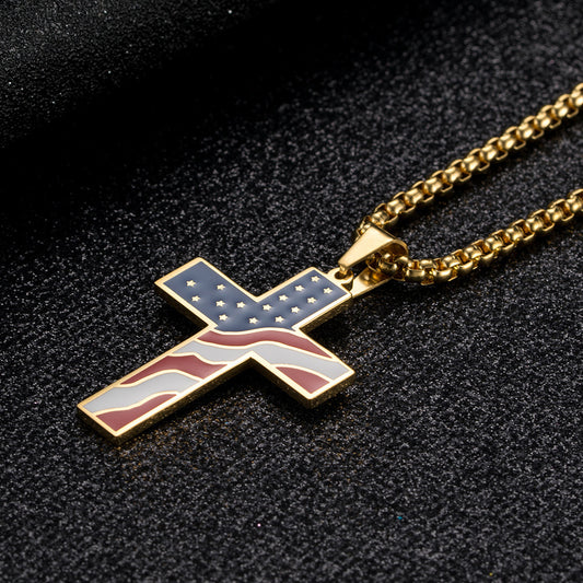 American Flag Cross Necklace in Gold, Silver, or Black