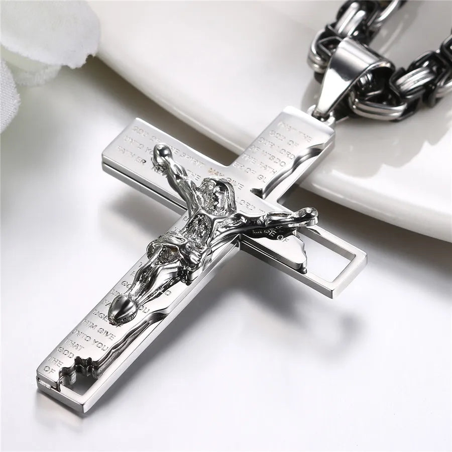 Men's Stainless Steel Bible Verse Jesus Cross Necklace - Black, Gold, or Silver