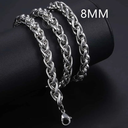 Men's Braided Wheat Link Stainless Steel Chain Necklace, 18-24inch, 3mm,4mm,5mm,6mm,8mm