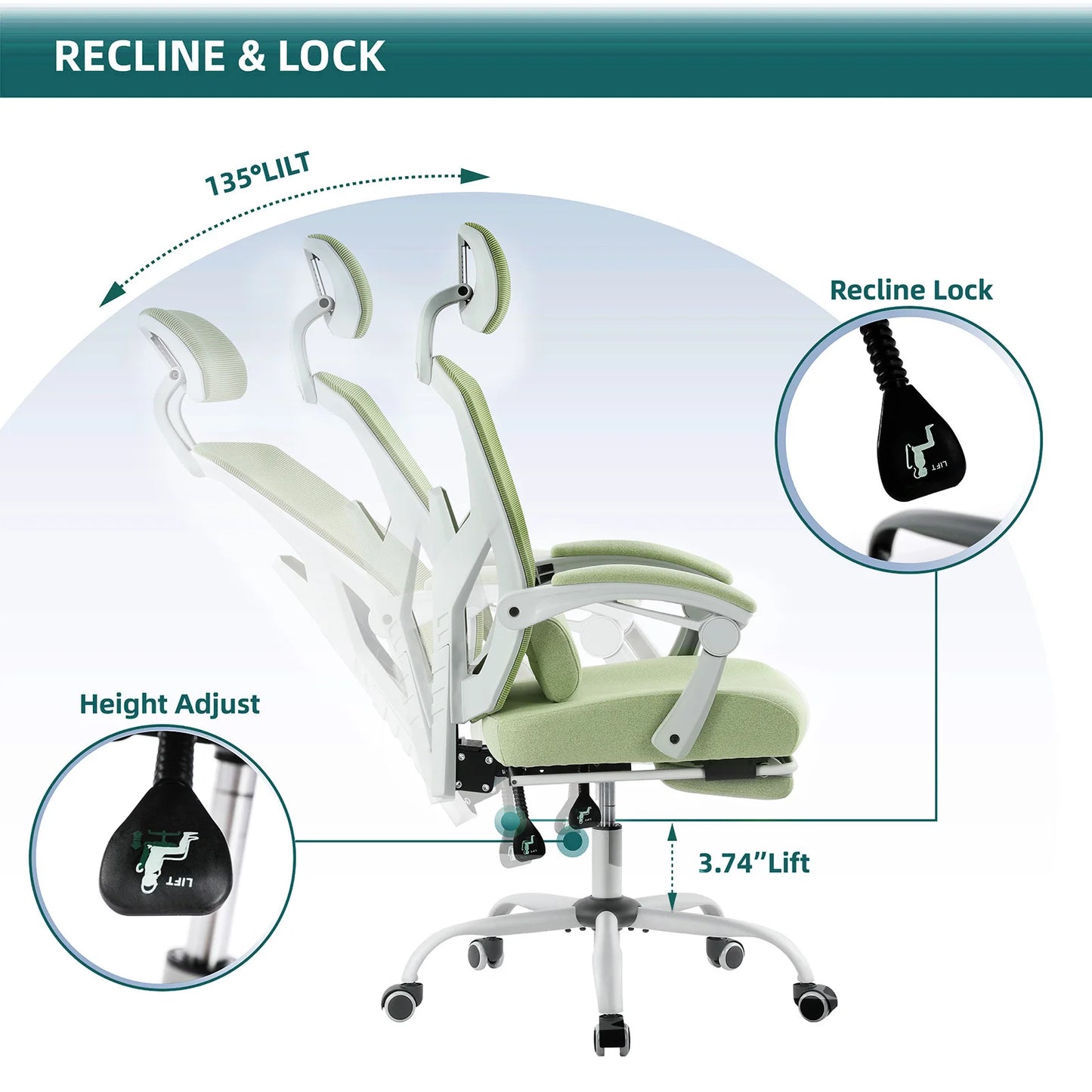High Back Reclining Office Chair Ergonomic Reclining Rolling with Lumbar Support