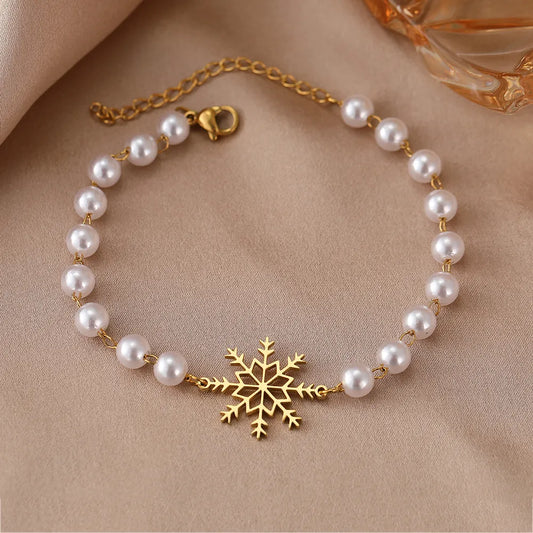 Gold or Silver Pearl Chain Stainless Steel Snowflake Bracelet